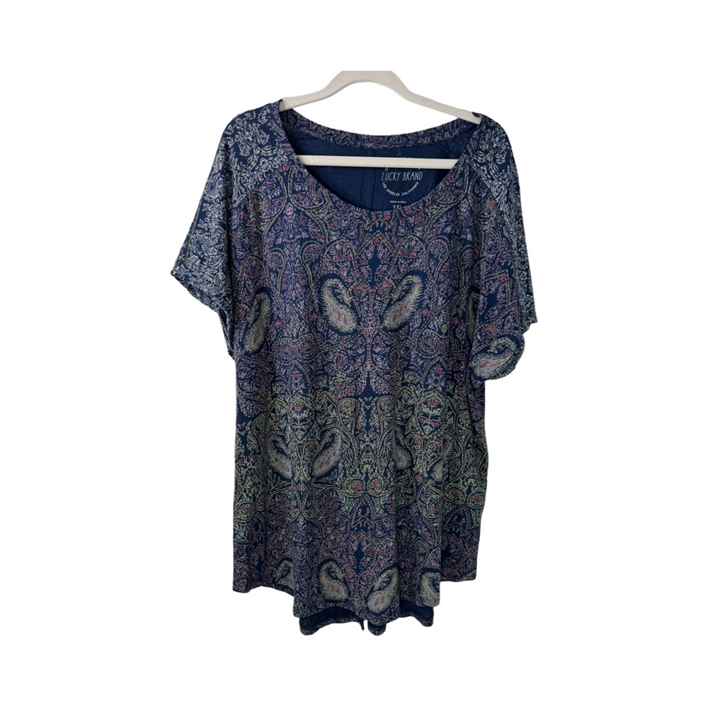 Womens Lucky Brand Short Sleeve T-shirt Multi-color Paisley Size XXL Bohemian